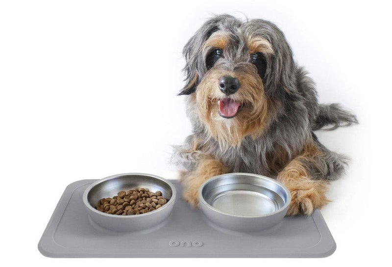 Ono Good Bowl Food & Water Double Feeder - Small to Medium Pets No Spill Non Skid Silicone Mat & Stainless Steel Bowl for Dogs or Cats (Charcoal) - Image 1